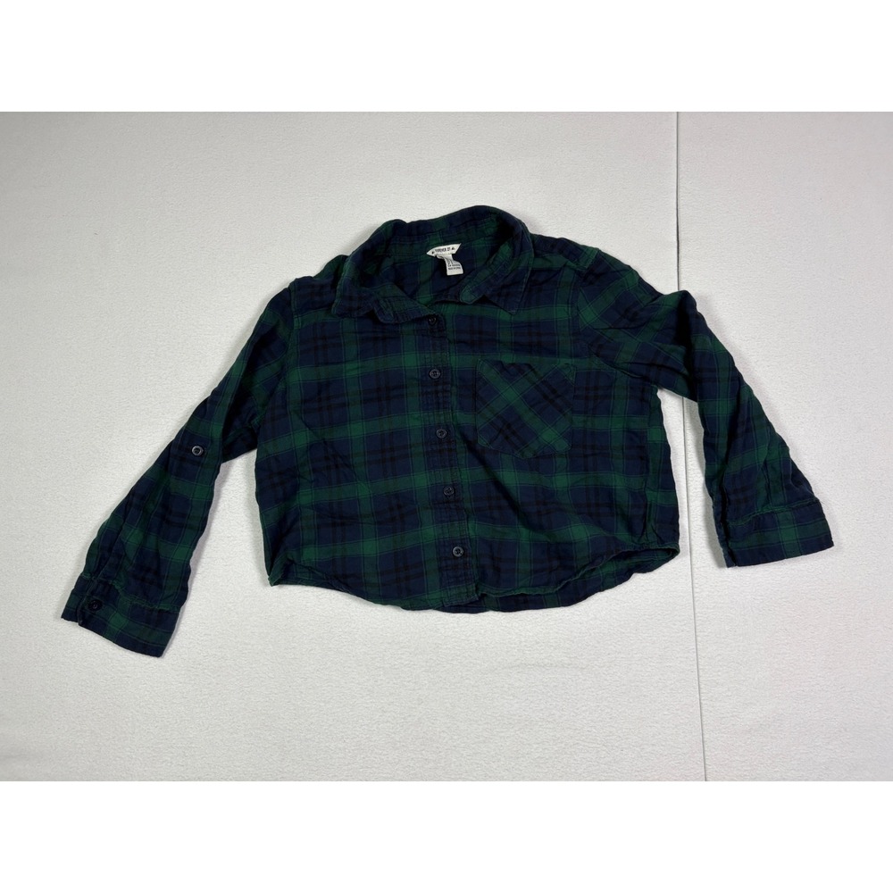 Forever 21 Womens Green Navy Plaid Flannel Button Down Cropped Shirt Small